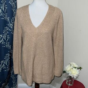 Lucky Brand V-Neck Pullover Sweater Tan Knit Neutral Chunky Long sz M Medium
